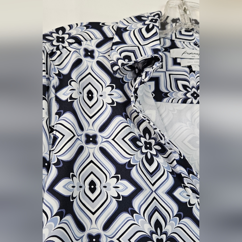 Foxcroft Mary Indigo geometric 3/4 sleeve blouse size large - Picture 9 of 9